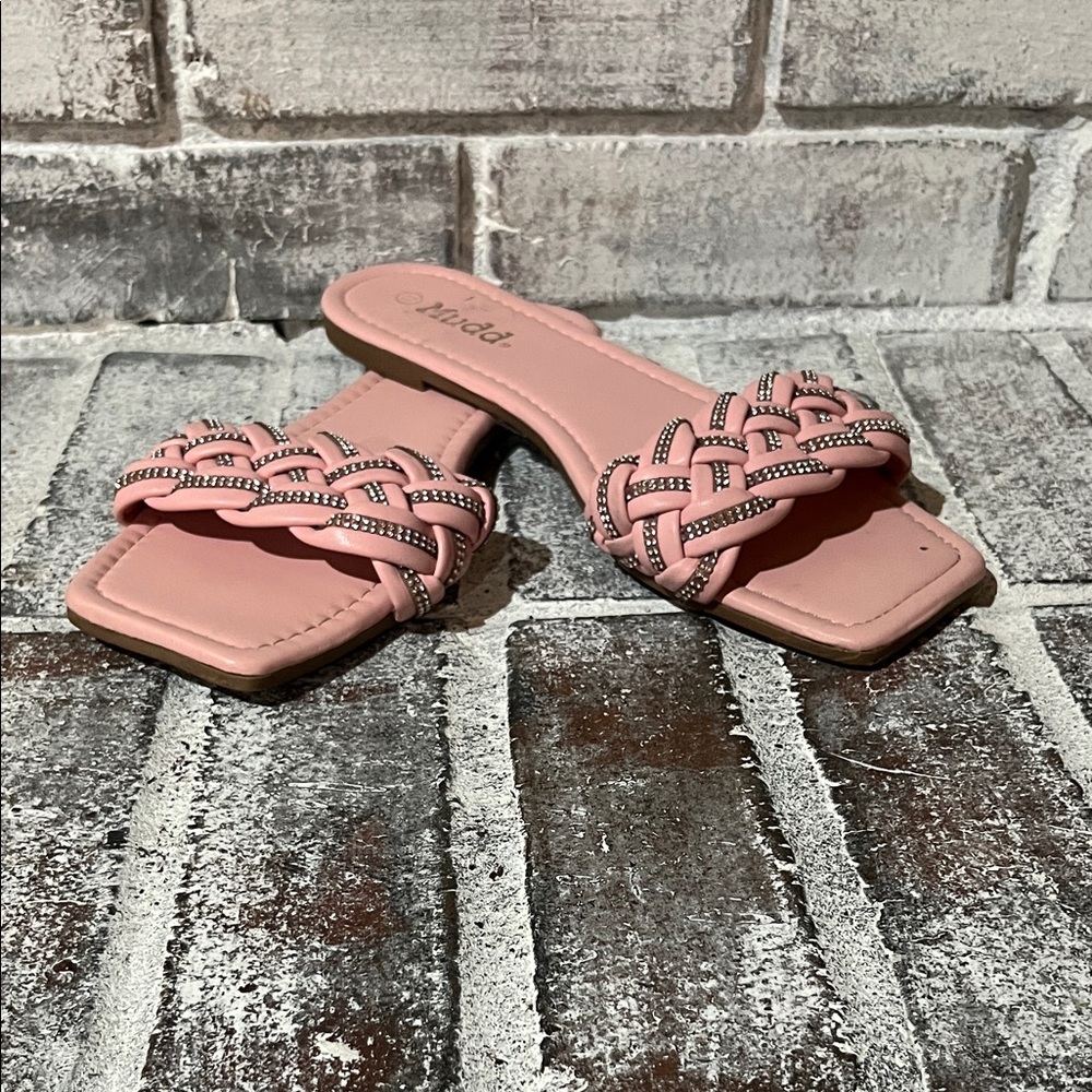 Mudd Pink Braided Sandals with Rhinestone Details
